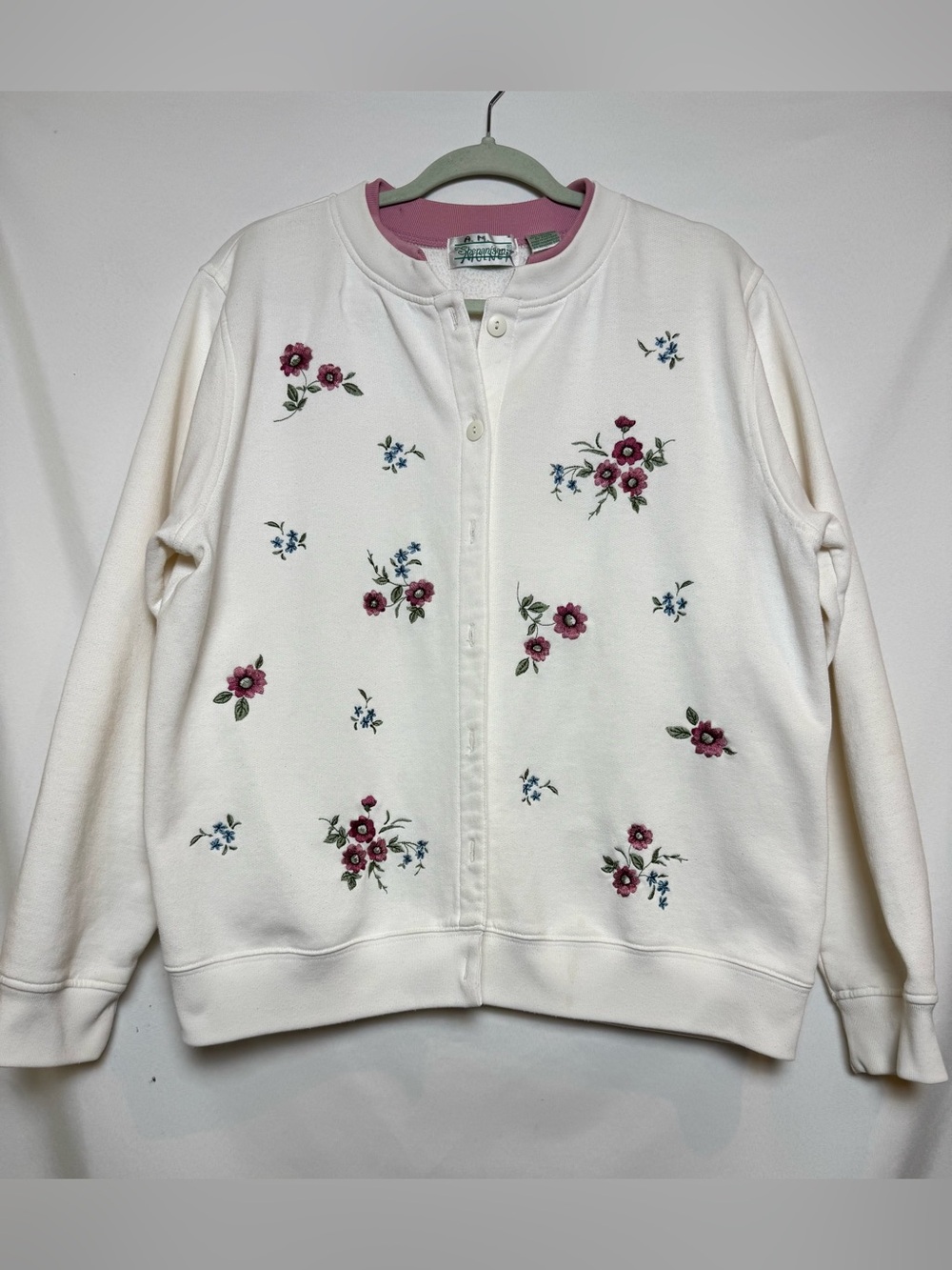 Shenanigans Floral Embroidered White Button Front Sweater XL